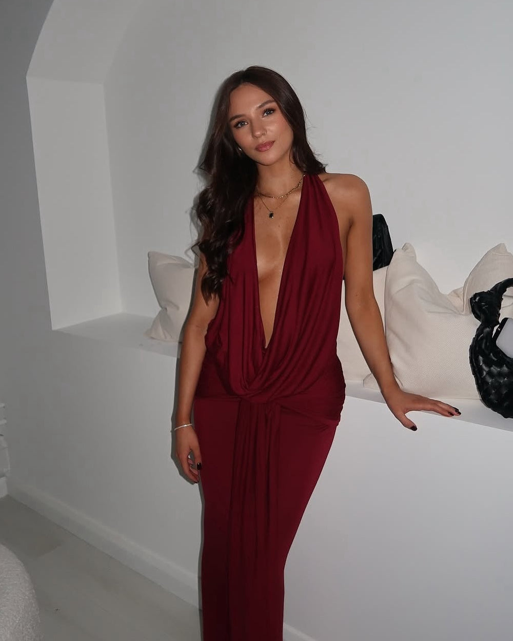 Cowl Tie Maxi Dress - Wine