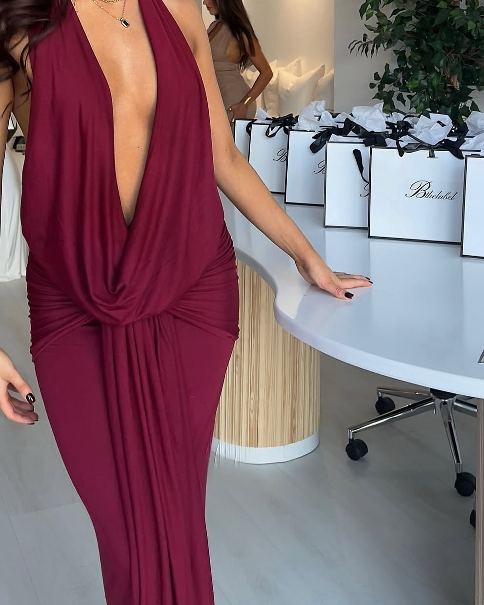 Cowl Tie Maxi Dress - Wine